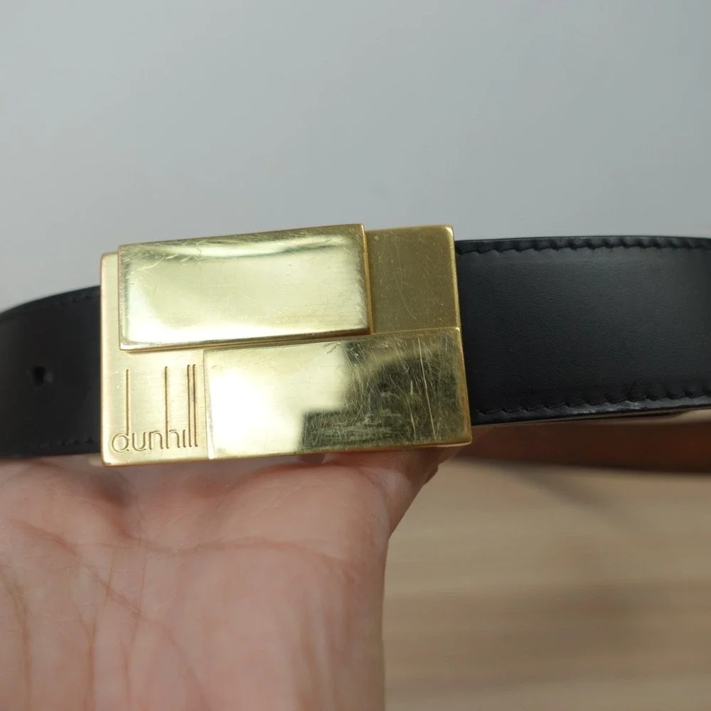 DUNHILL Black Leather Belt Mens 36 Genuine Cowhide Gold Plated Buckle SLIM